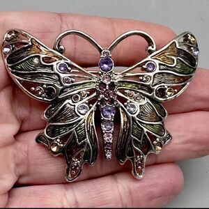 Vintage Silver Tone Monet Enamel Rhinestone Butterfly Brooch Pin, 2.5"